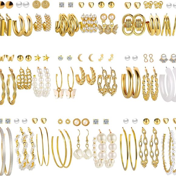 New Wholesale 54 Pairs Gold Hoop Earrings Set for Women Multipack, Boho Fashion - Picture 1 of 11